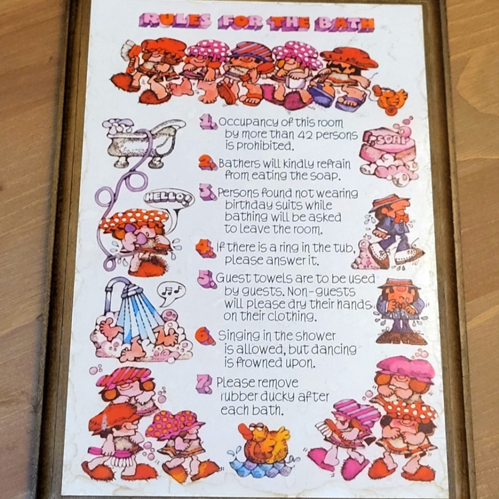 Vintage hallmark bath rules sign